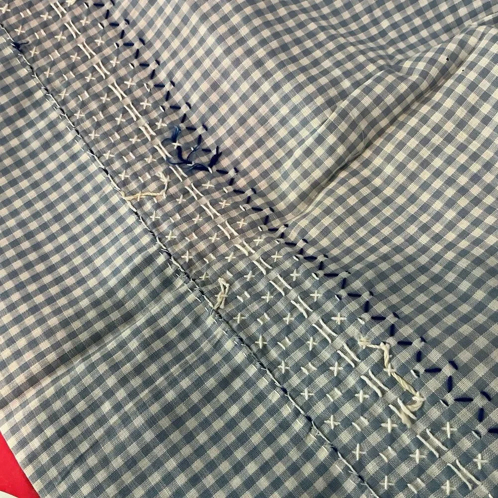 Vintage Handmade Blue Gingham Half Apron Embroidered 2 Pocket 70” Waist Tie